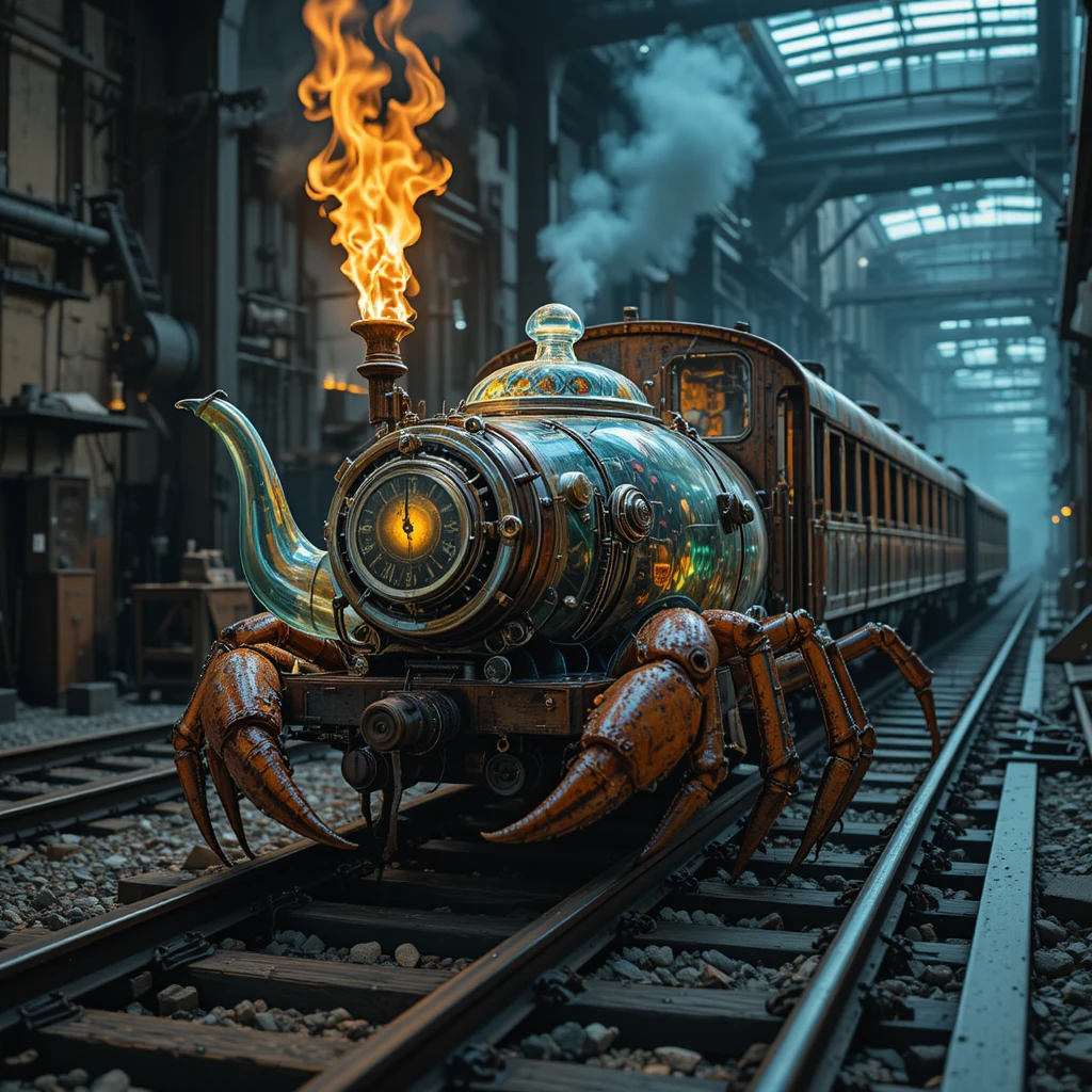 Zombie crab hybrid walking along railway tracks at night