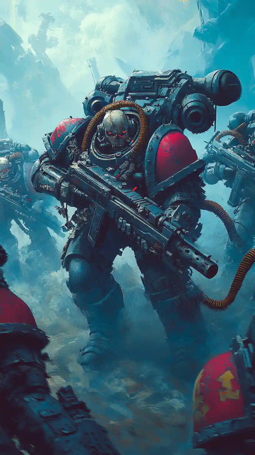 Heavily armed armored warriors stand ready in dense fog