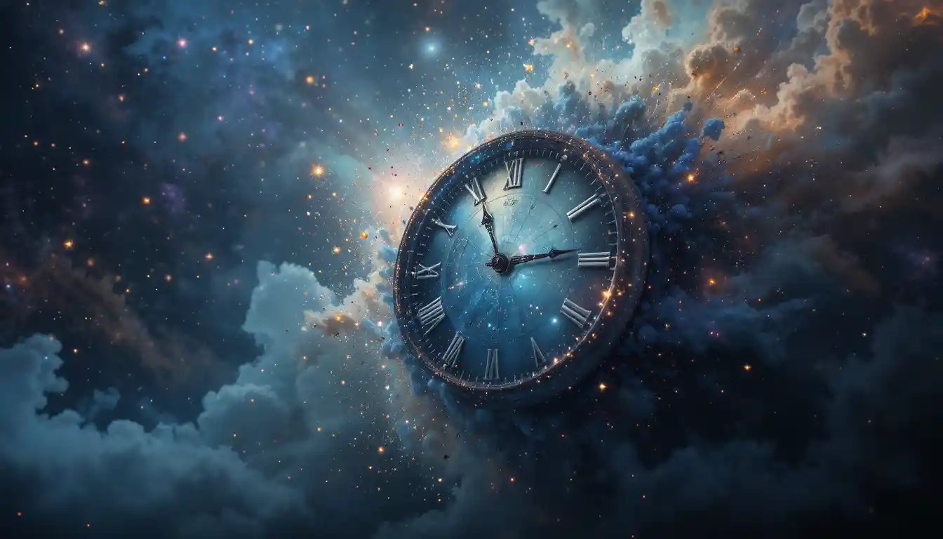 Horloge surréaliste se dissolvant dans une nébuleuse de poussière d’étoiles cosmique