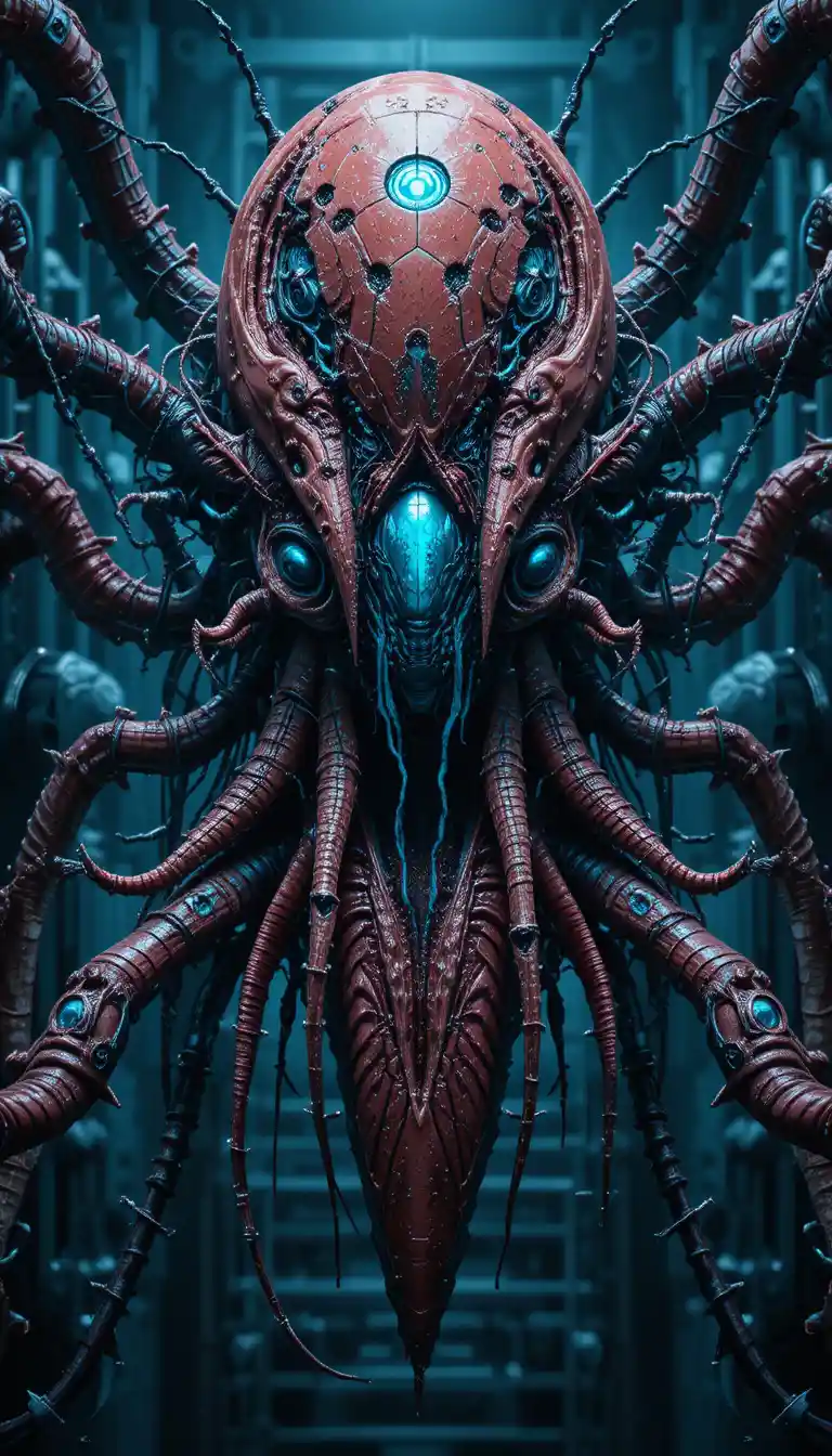 Biomechanical parasitic organism in harsh industrial blue tones
