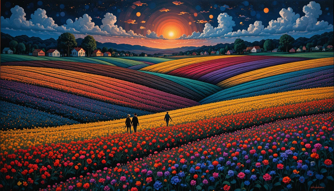 Fantastici contadini di campagna che lavorano in campi di fiori colorati