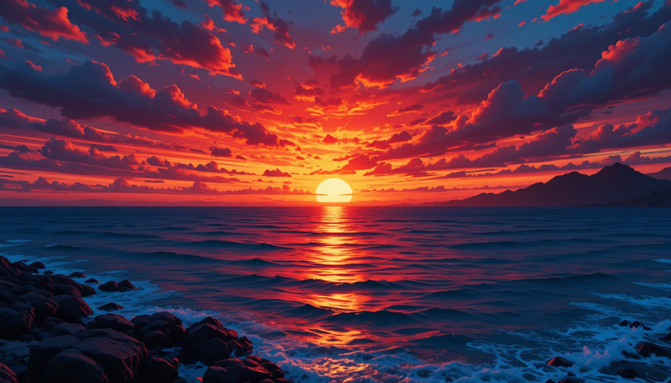 Pôr do sol havaiano vívido sobre águas costeiras azul-escuro