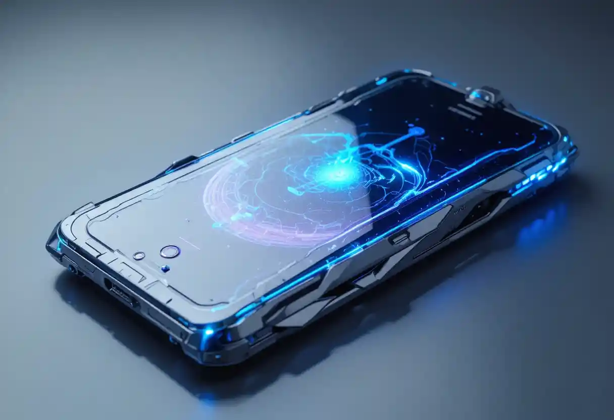 ホログラフィックネオンブルーディスプレイ搭載の近未来型スマートフォン