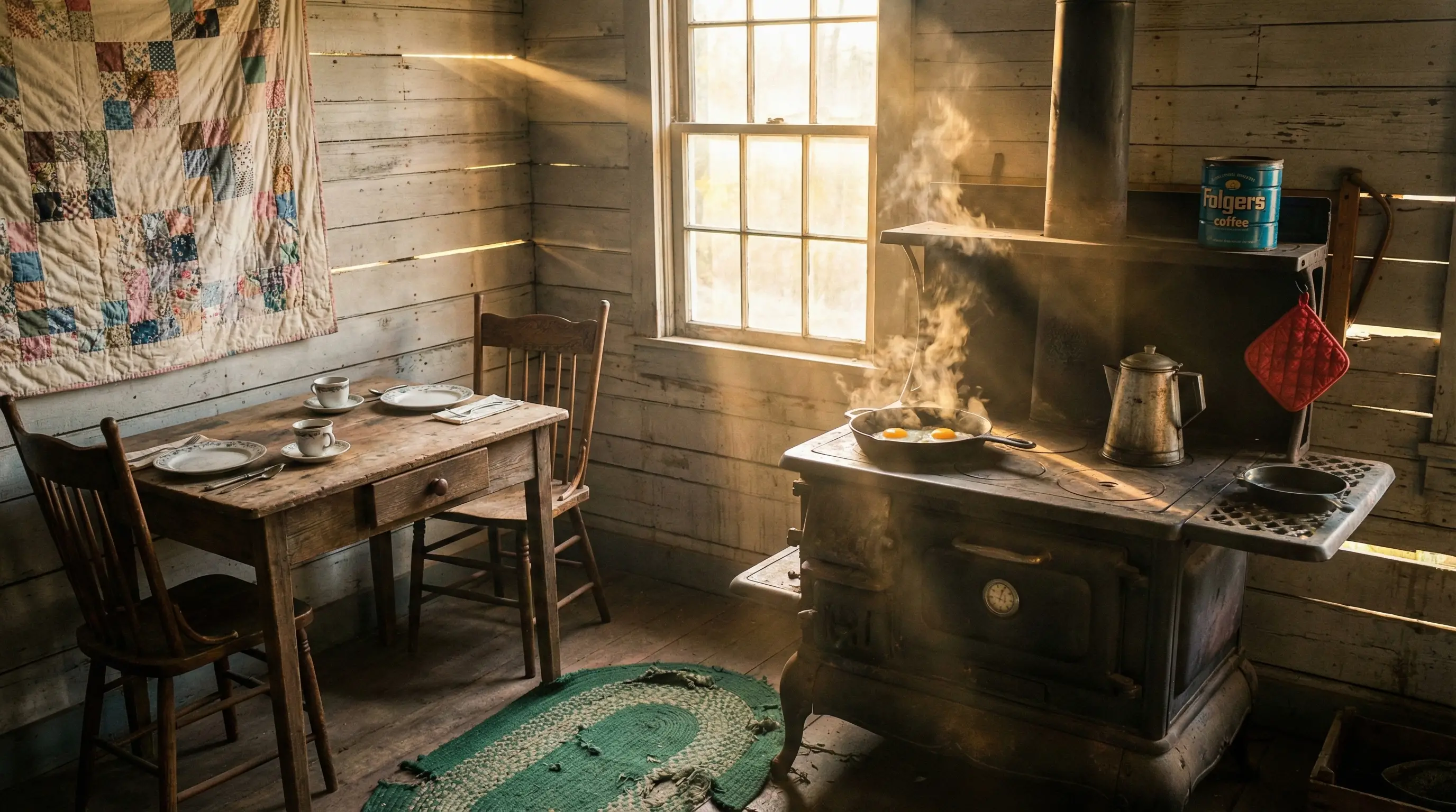 Aconchegante cozinha de antiga casa de fazenda com mesa de madeira banhada pelo sol