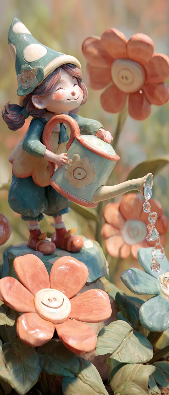Fille d’anime en claymation arrosant des fleurs souriantes dans le jardin