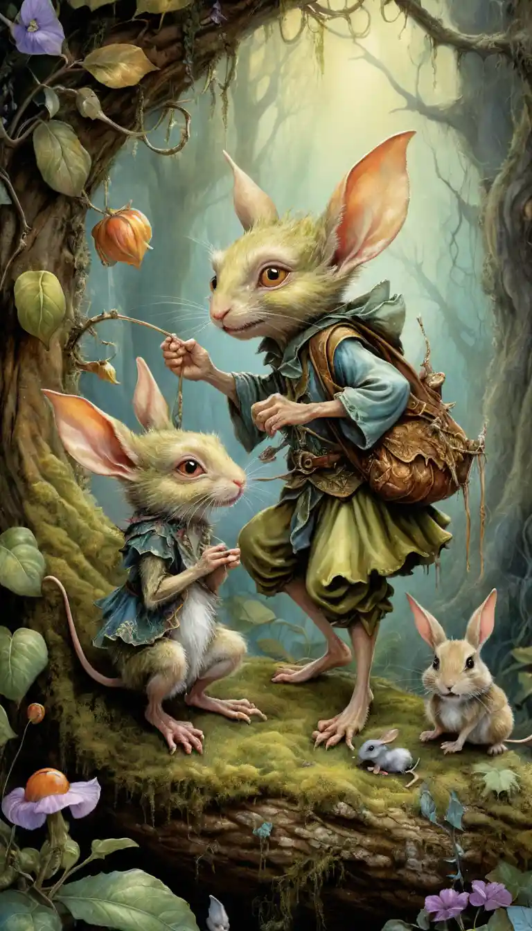 Goblin brincalhão com rato e coelho em floresta mágica