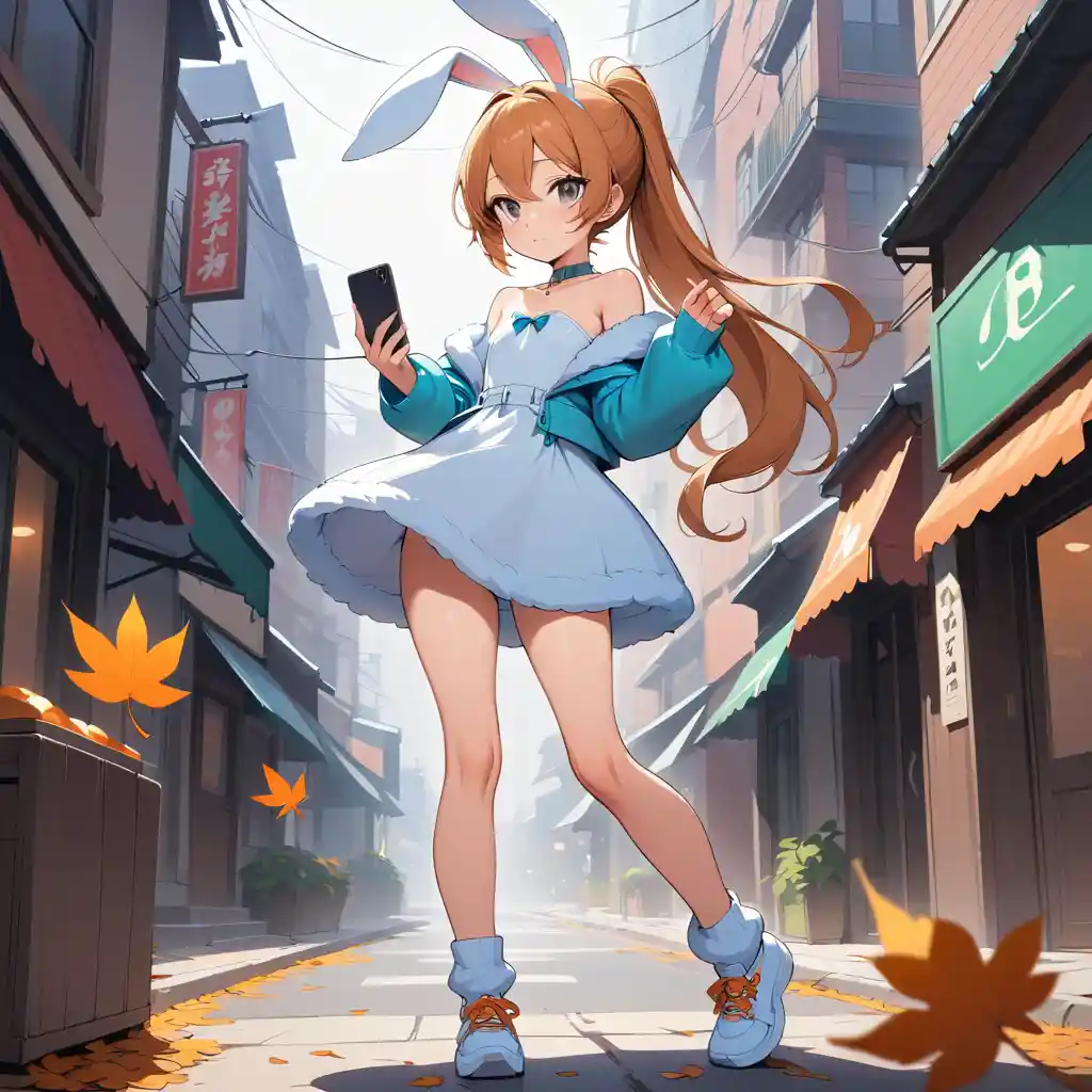 Androgyn wirkender Anime-Junge macht ein Selfie auf einer Stadtstraße