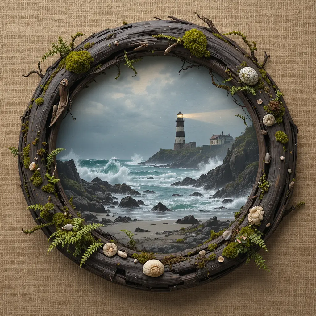 Stormy lighthouse framed by dark driftwood and moss