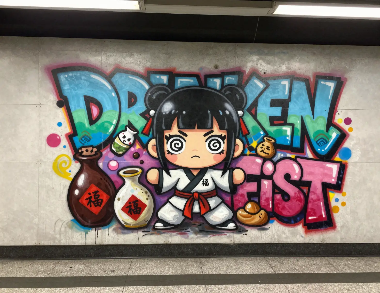 Garota fofa em estilo chibi grafitada na parede do metrô urbano