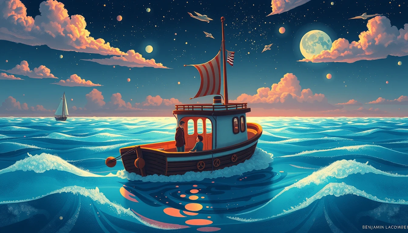 Cena lúdica de barco 3D em um mar dos sonhos
