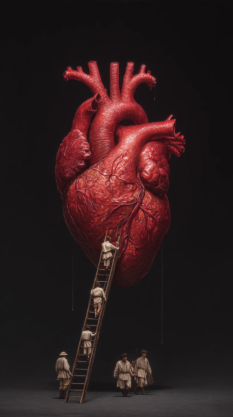 Suspended human heart with tiny figures carrying a ladder