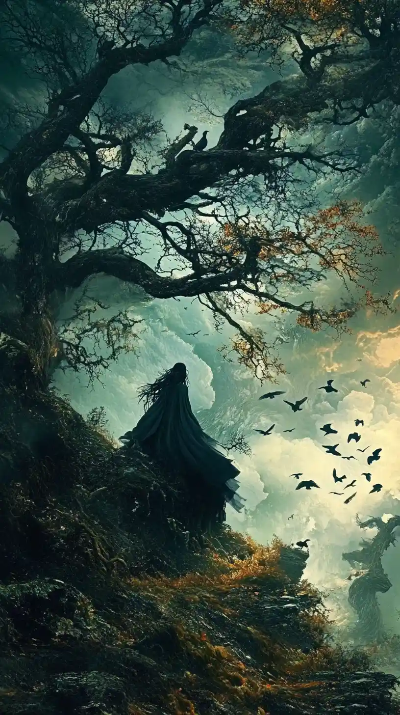 Illusione surreale di una strega in uno strano collage a strati
