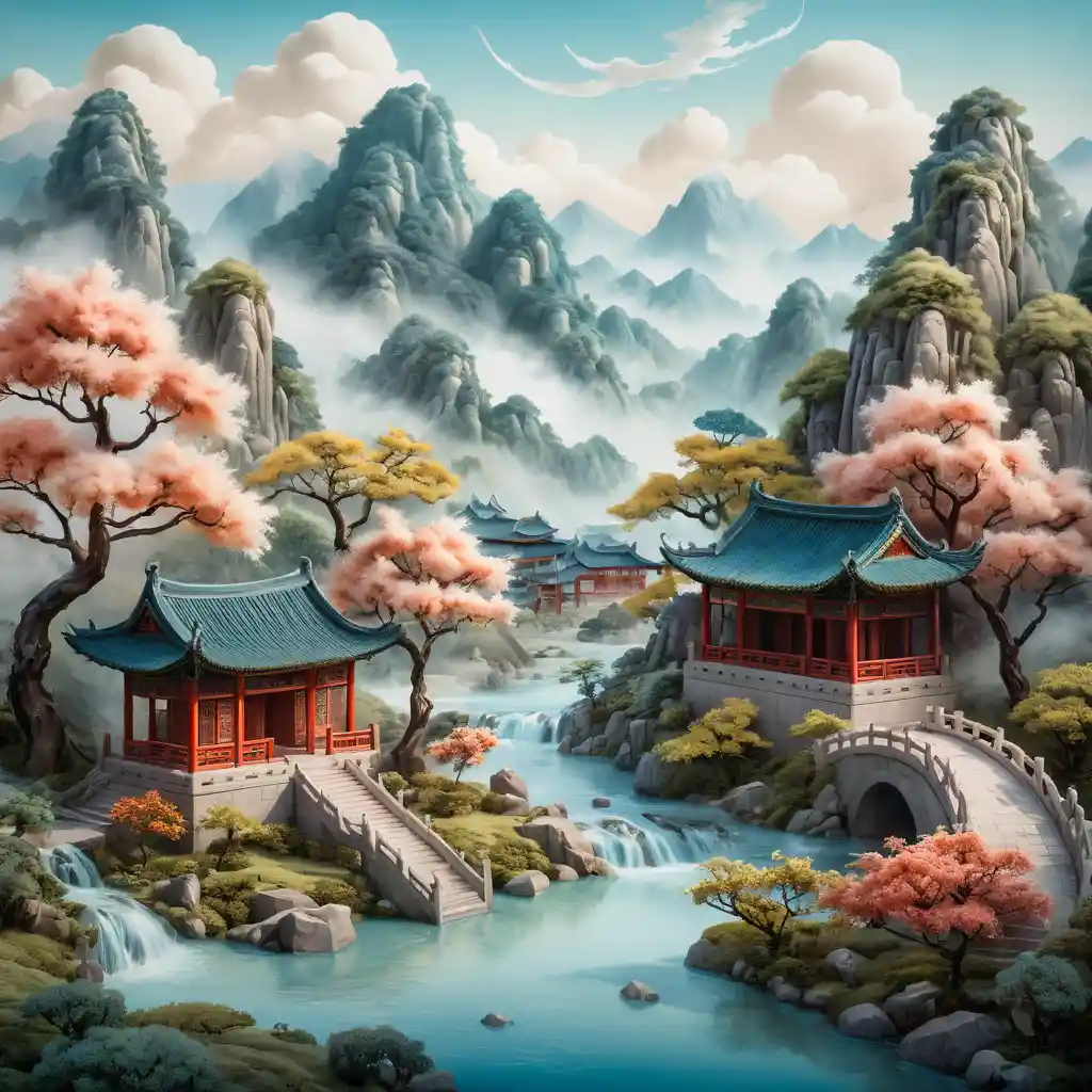 Miniatur-Bergdorf in traumhafter chinesischer Landschaftsrelief