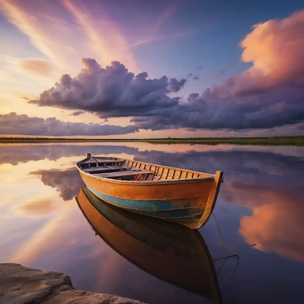 Barque en bois solitaire sur une rivière calme au coucher de soleil coloré