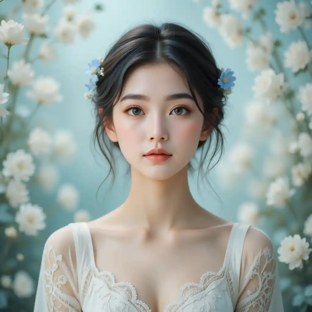 Young Asian woman with blue flowers in soft romantic portrait