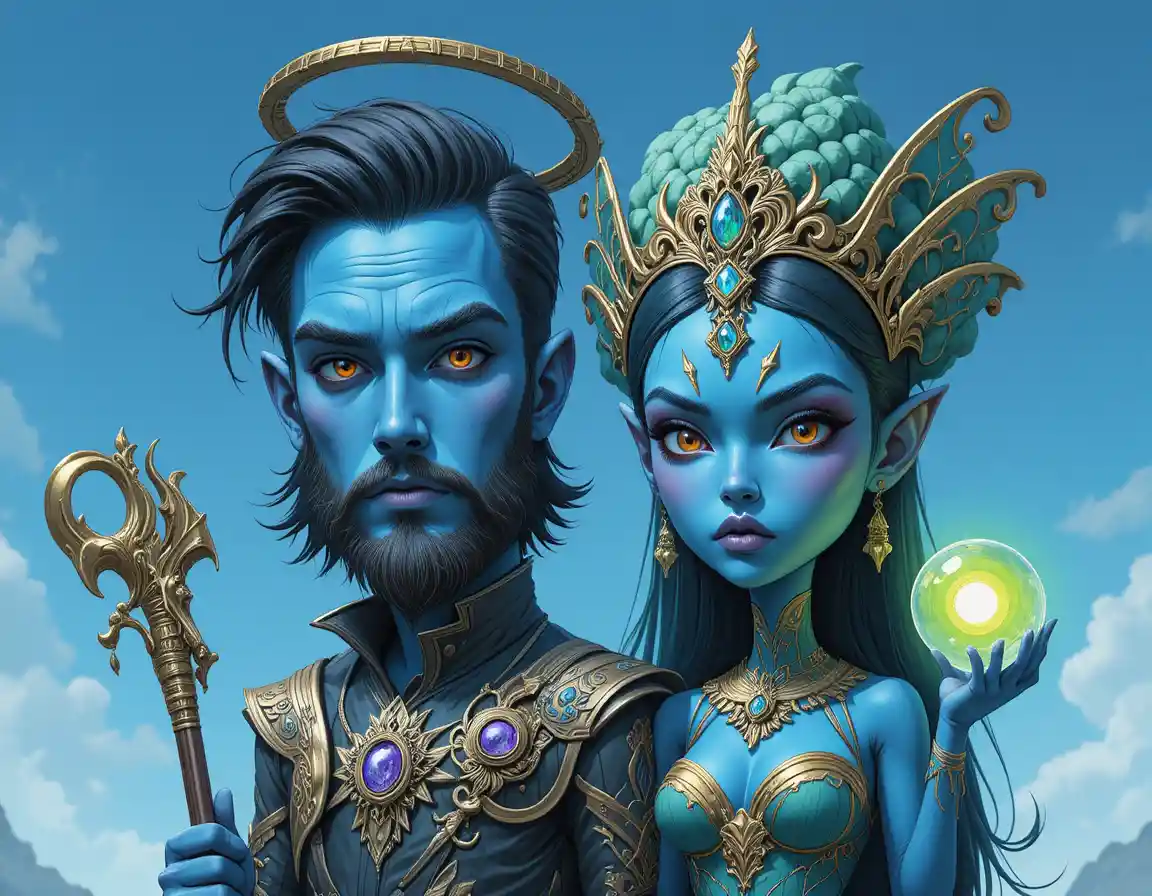 Blue skinned duo with halo staff and glowing orb