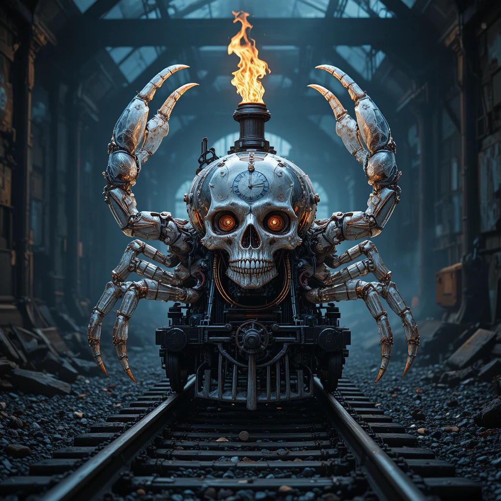 Crâne mécanique aux portes enflammées de l’enfer sur des rails