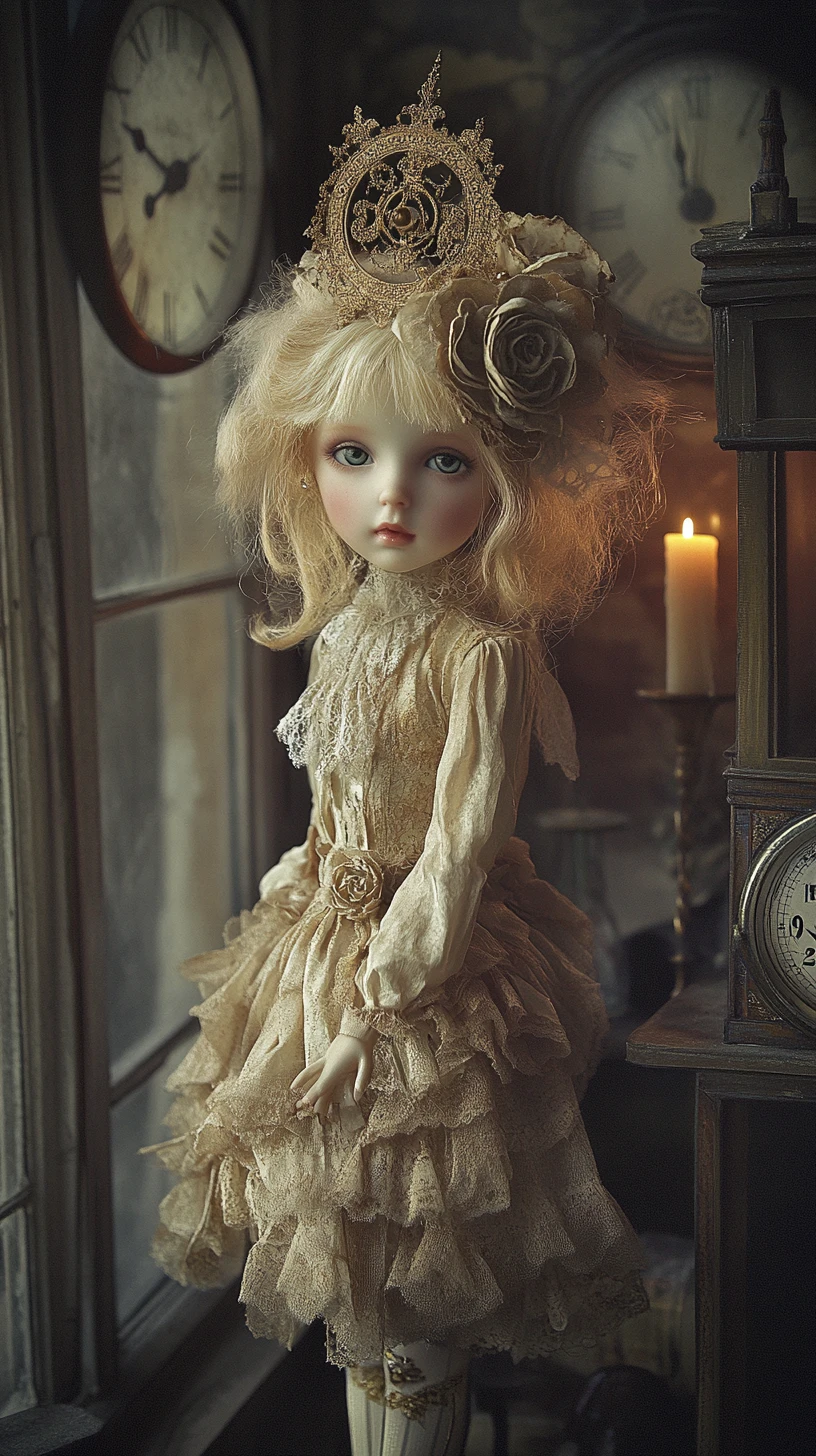 Porcelain doll in a dim room with antique clocks