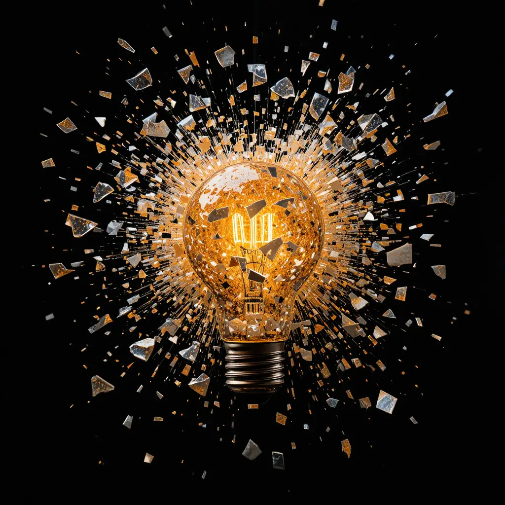 Shattering vintage light bulb frozen in mid air explosion