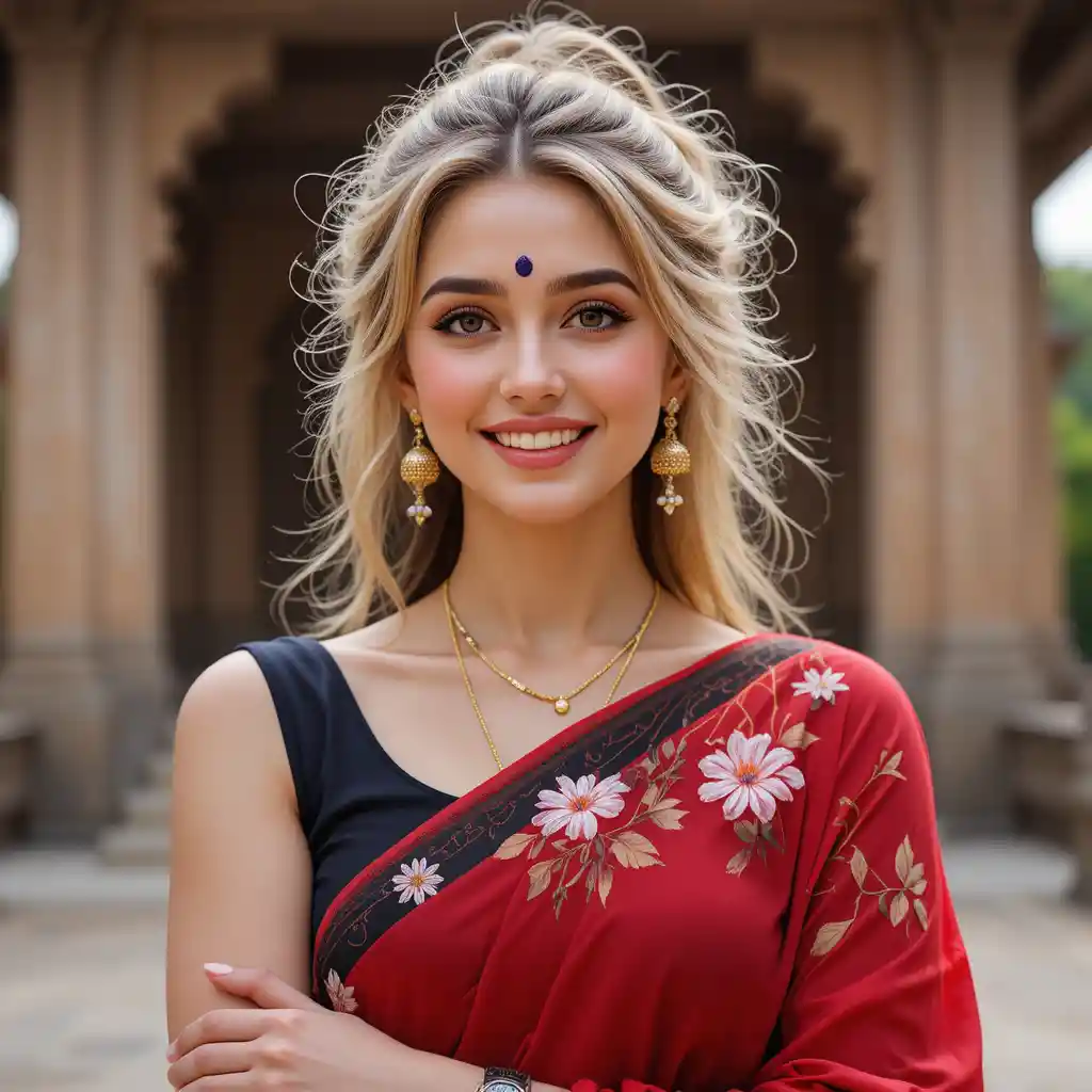 Donna bionda sorridente in sari rosso con tempio sullo sfondo