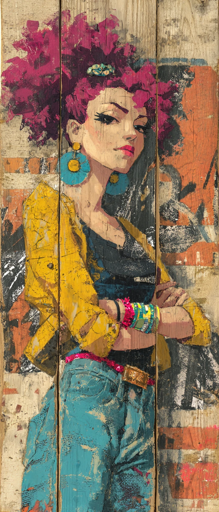 Confident girl with wild colorful hair in mixed media portrait