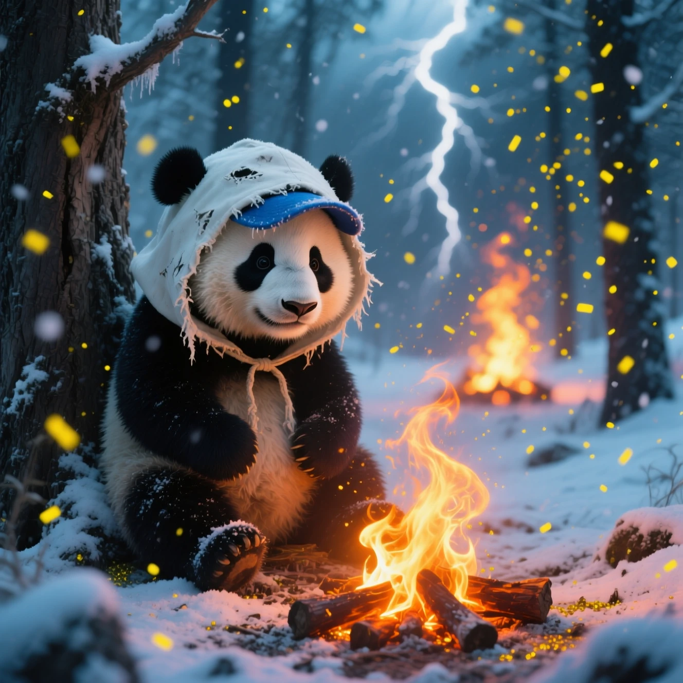 Süßer Panda an einem magischen Lagerfeuer im verschneiten Wald
