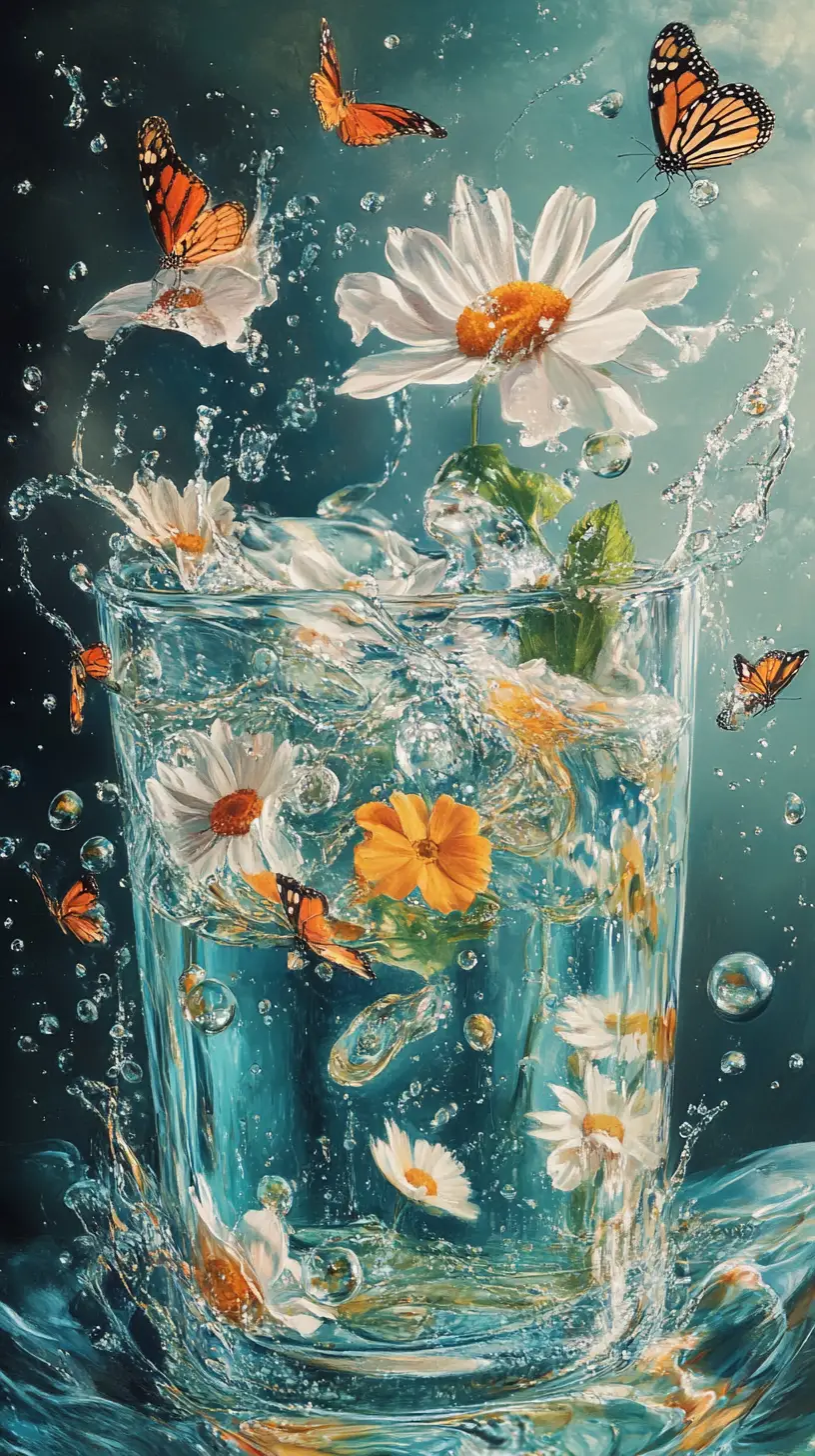 水下超現實青色鉛筆與雛菊和蝴蝶
