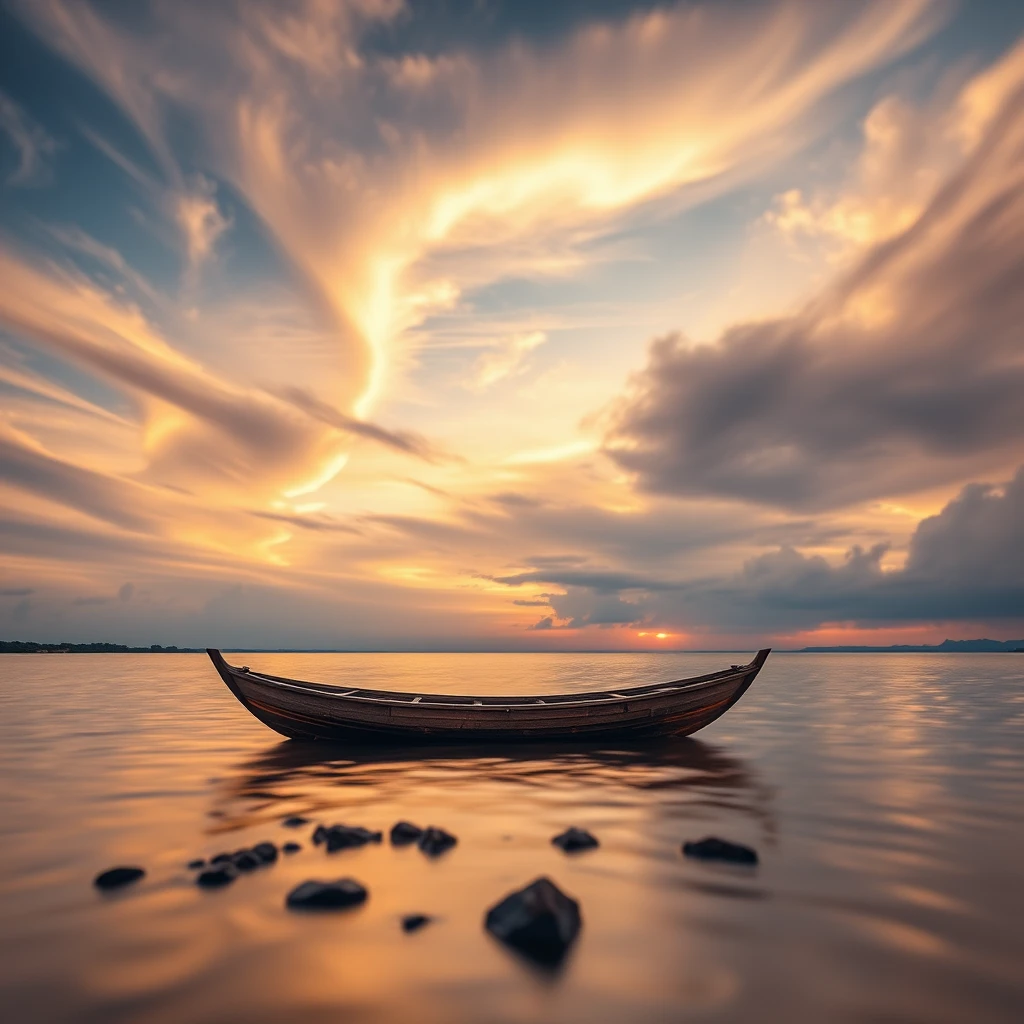 Bateau en bois dérivant sur une rivière tranquille au coucher du soleil