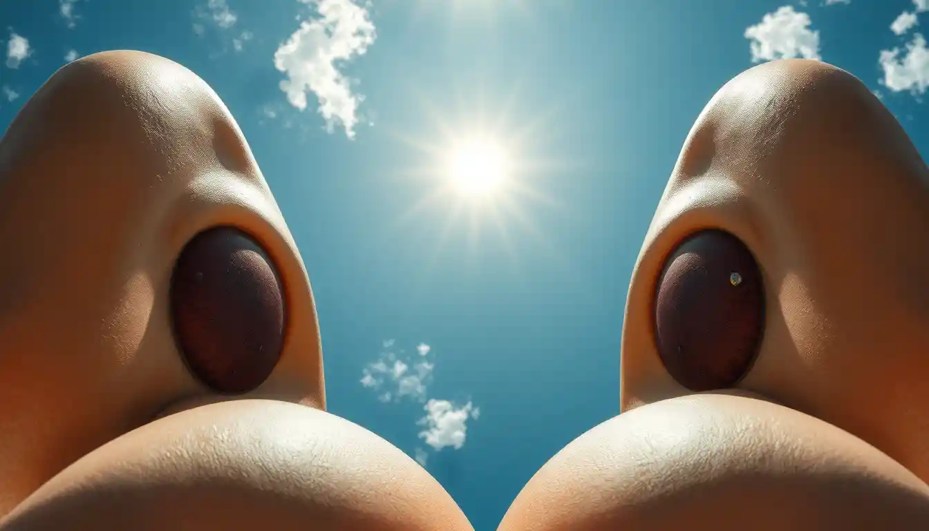 Low angle view of natural freckled breasts against blue sky