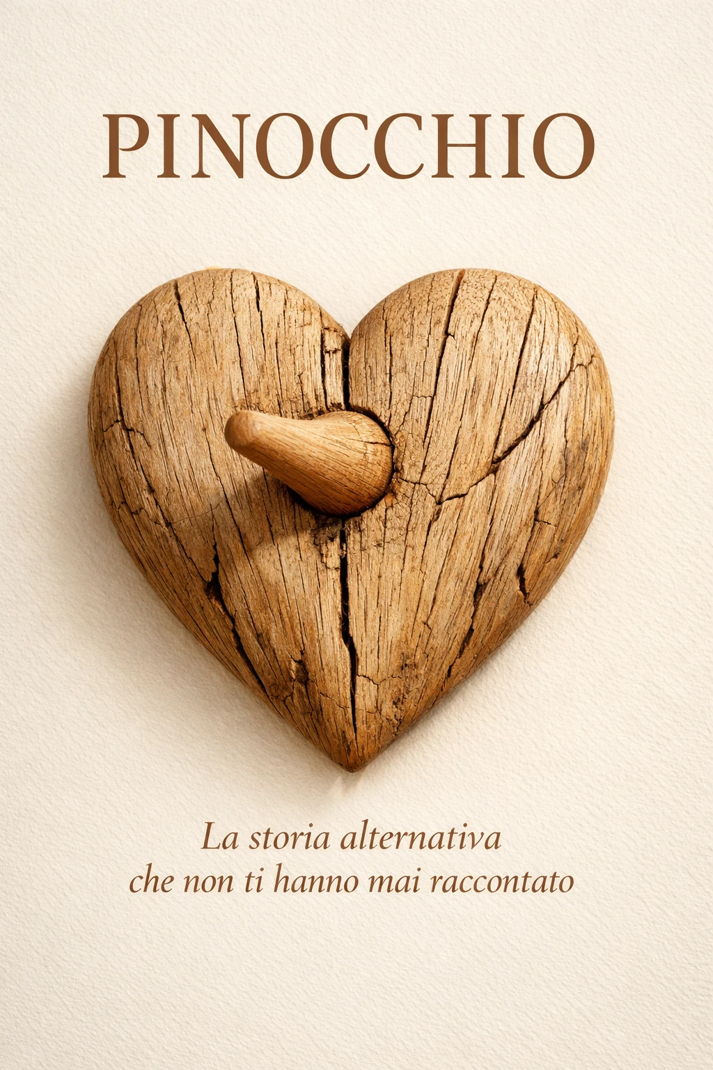 Coração de madeira em close com nariz crescendo na capa de livro