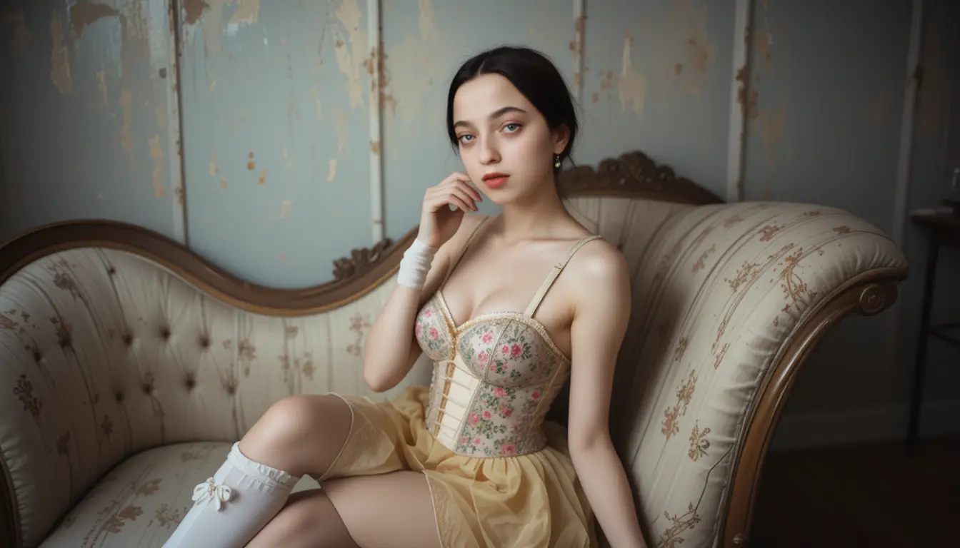Jovem mulher em chaise longue vintage em tons pastéis suaves