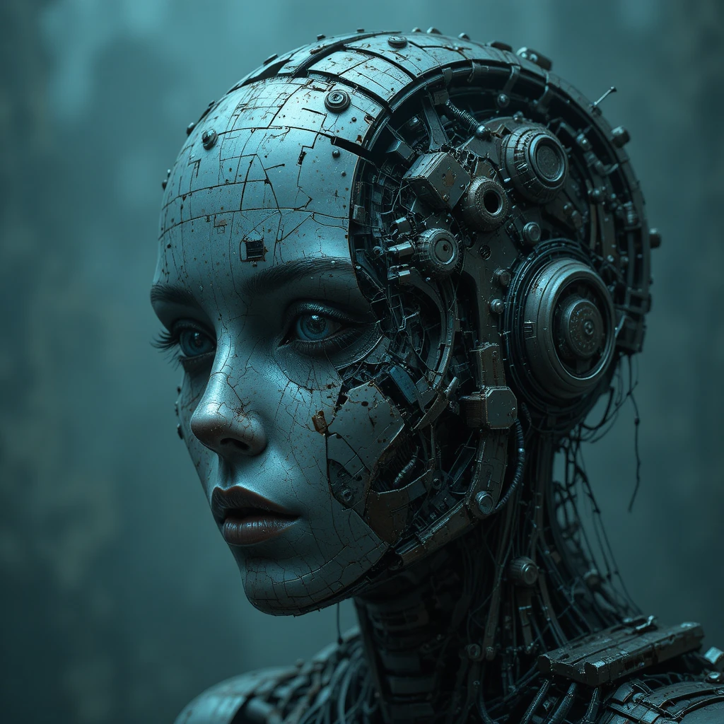 Volto di androide rotto nella decadenza distopica del glitch art
