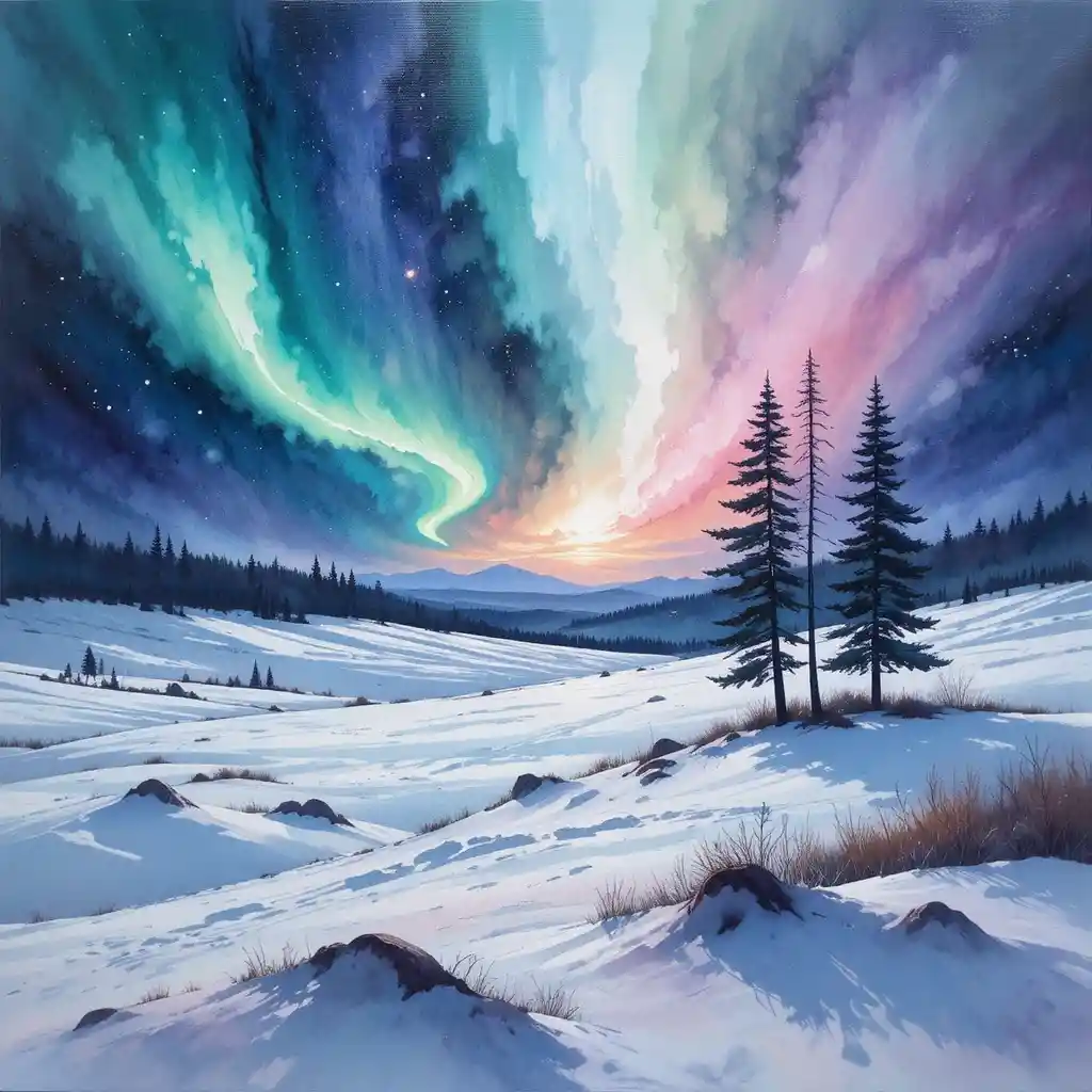 Aurora boreale sulla innevata Lapponia finlandese in paesaggio ad acquerello