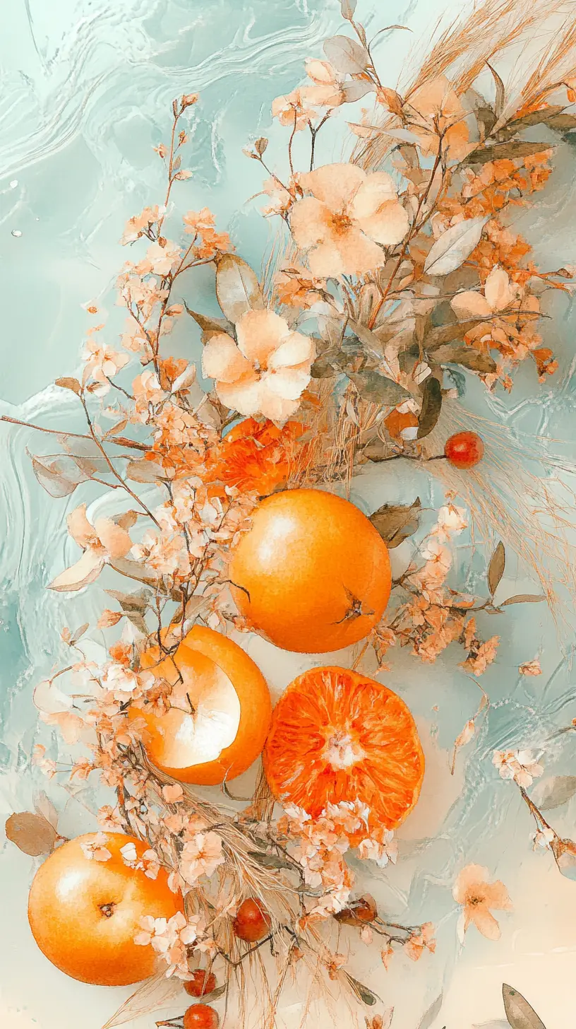 Natura morta ad acquerello con frutti arancioni e delicati fiori
