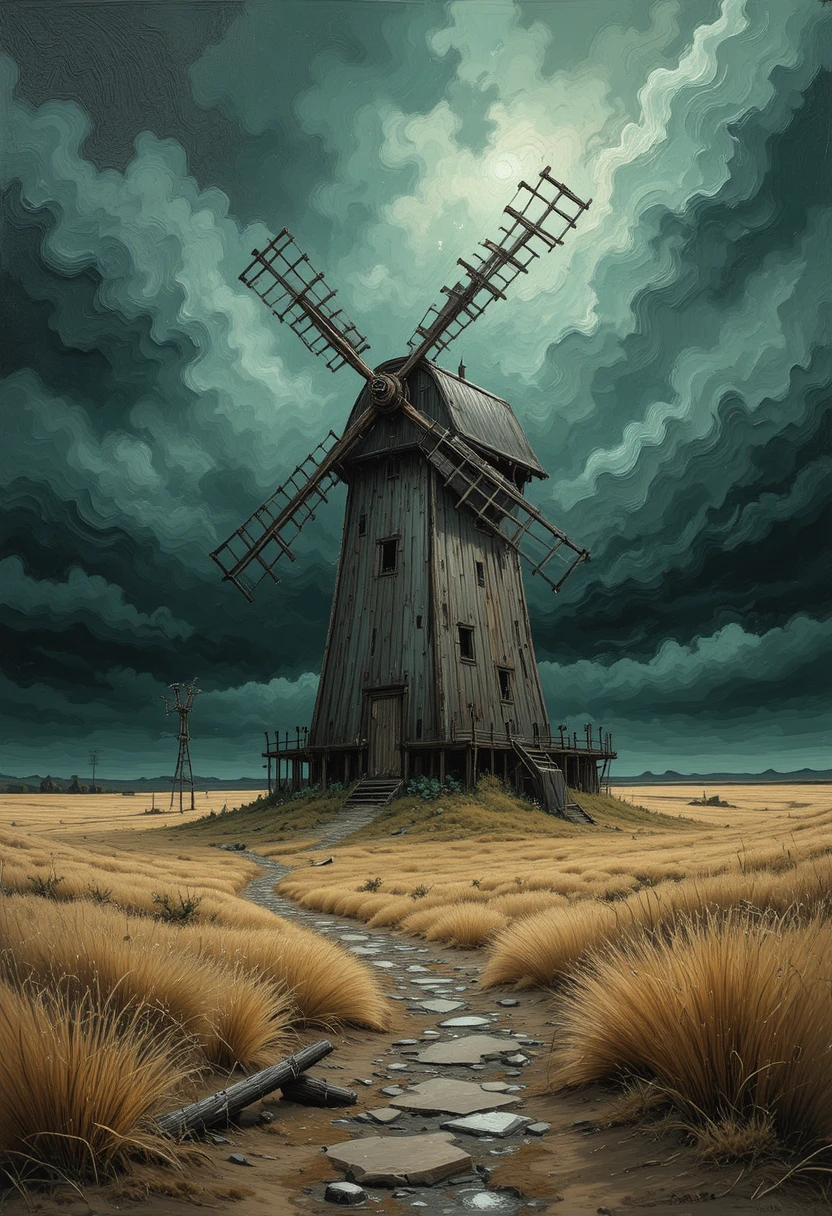 Vieux moulin à vent en bois dans un champ aride sous des nuages orageux