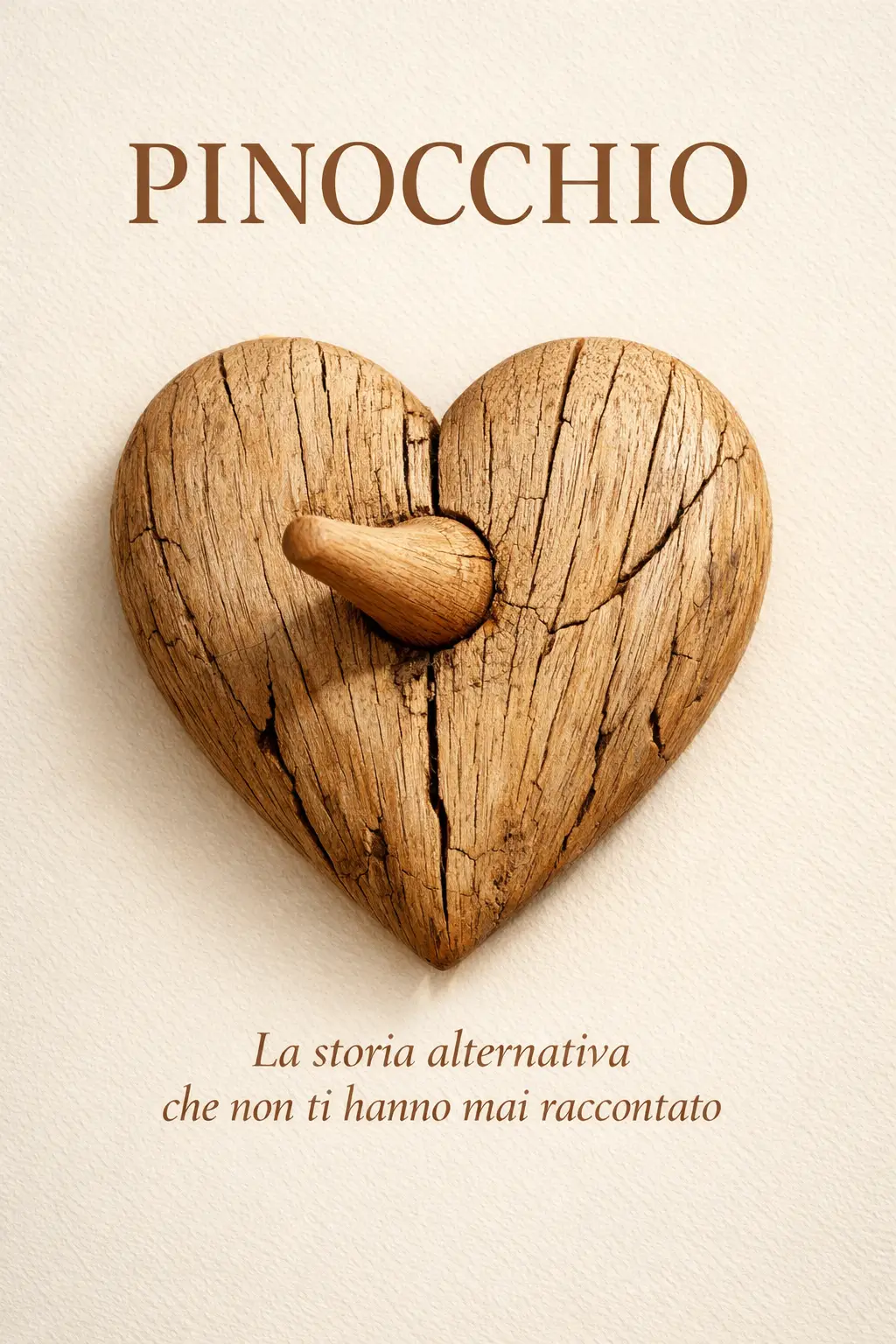 Coração de madeira em close com nariz crescendo na capa de livro