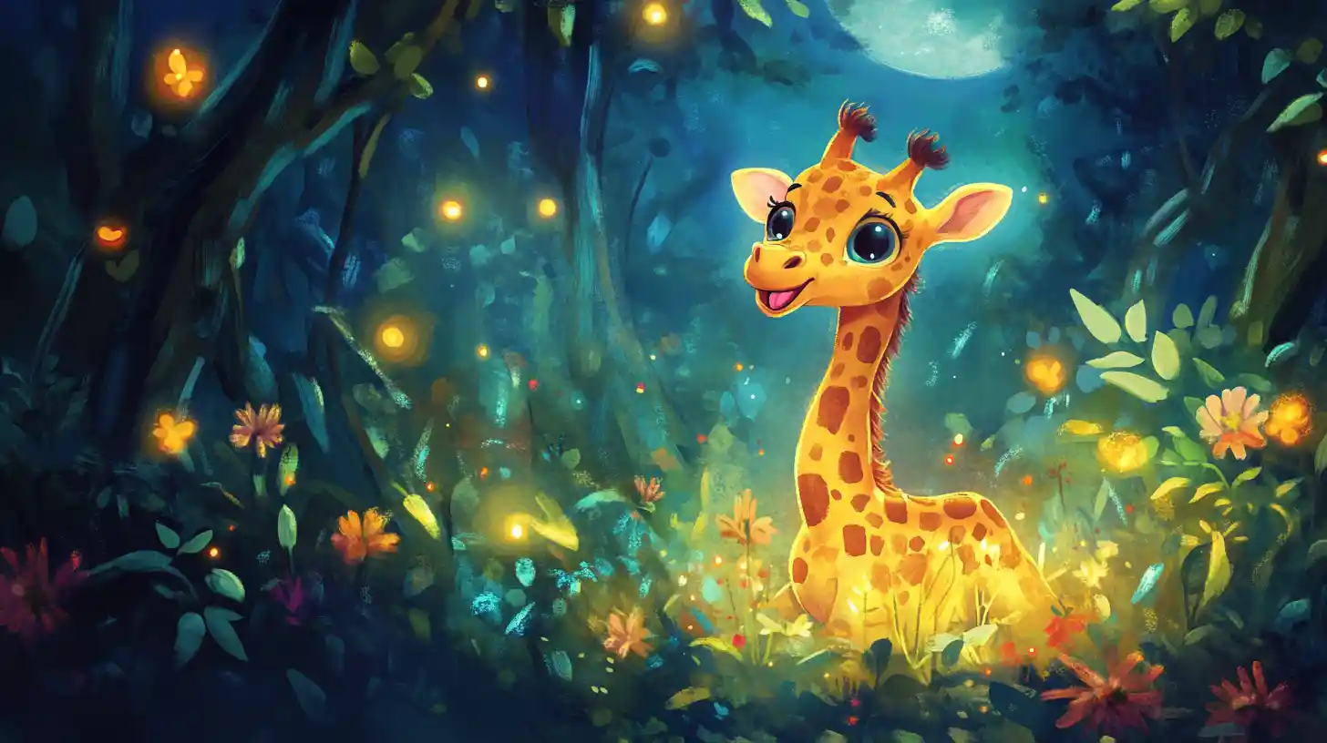 Giraffina paffuta che cerca di afferrare le lucciole nella savana al chiaro di luna