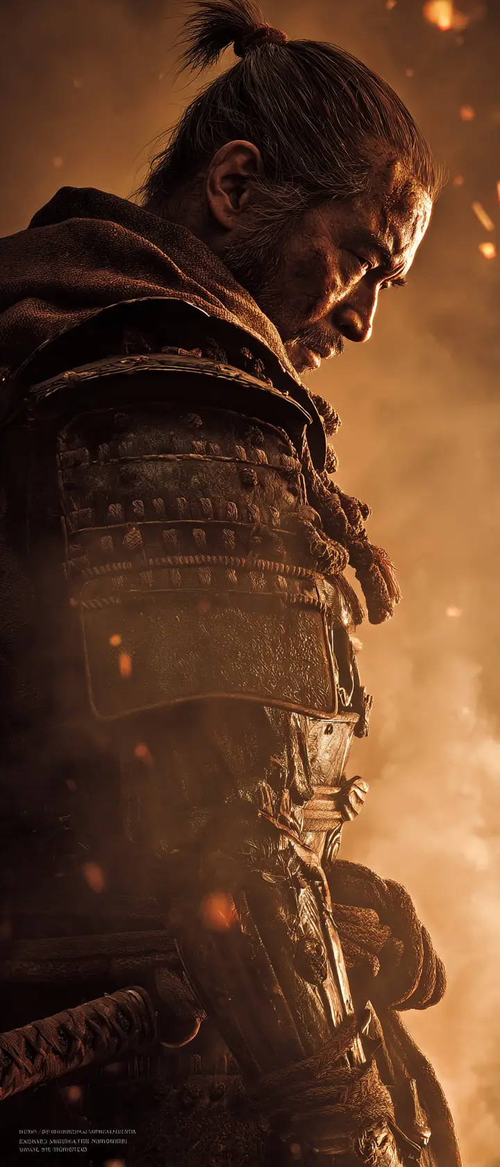 Guerrier Samouraï en Lumière Sépia au Milieu de Fumée et de Braises