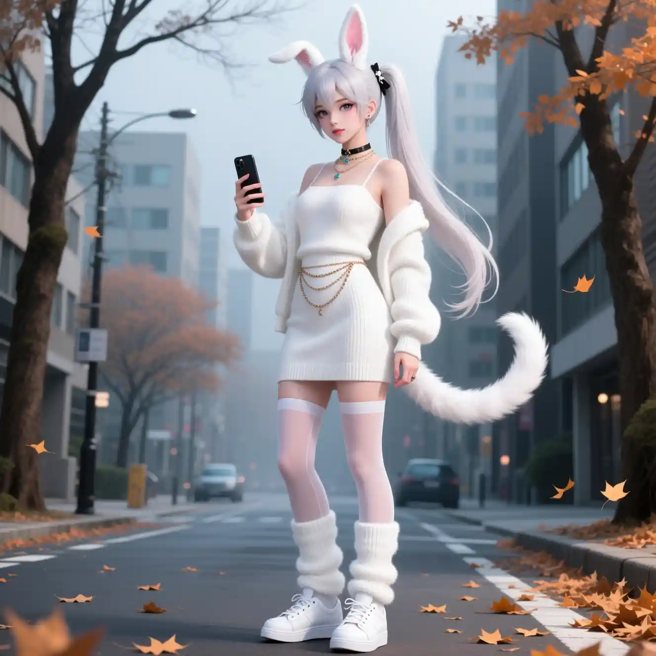 Androgynous anime boy taking a selfie on a city street