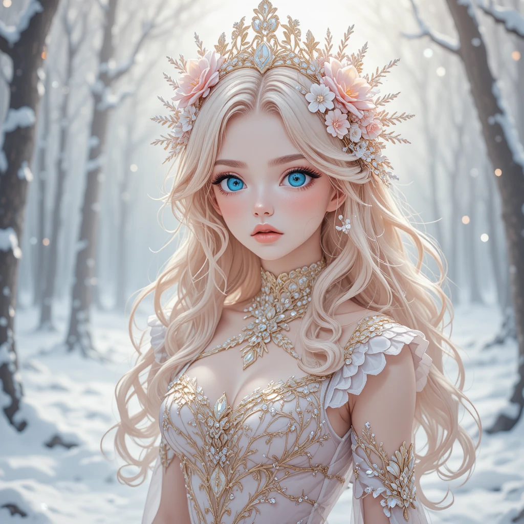 Fille d’anime en robe éthérée dans une forêt enneigée