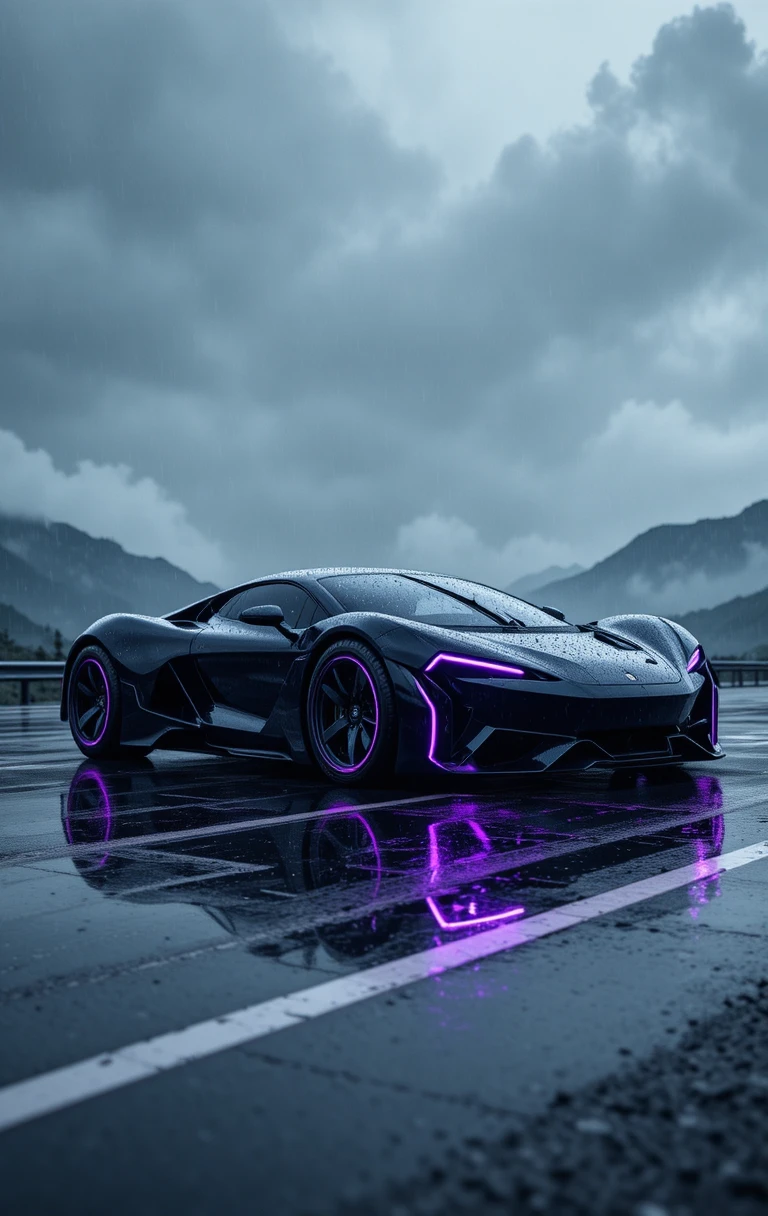 雨中山路上的未來感黑色電動跑車