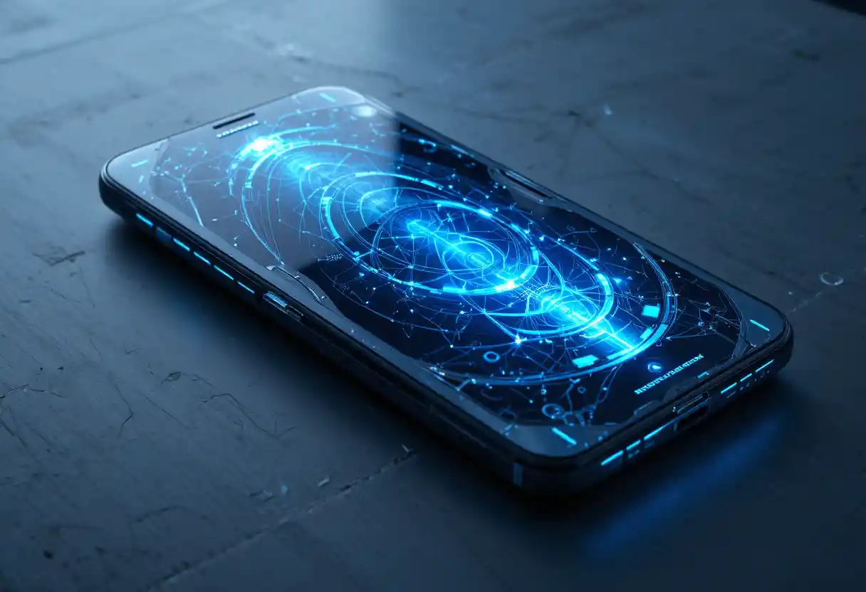 Smartphone futurista con pantalla holográfica de neón azul