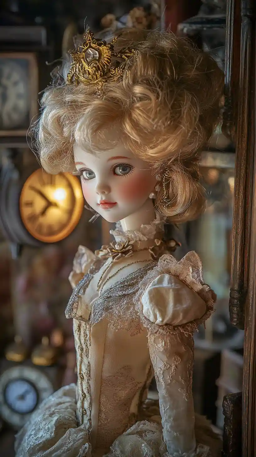 Boneca de porcelana fantasiosa em um quarto à luz de velas