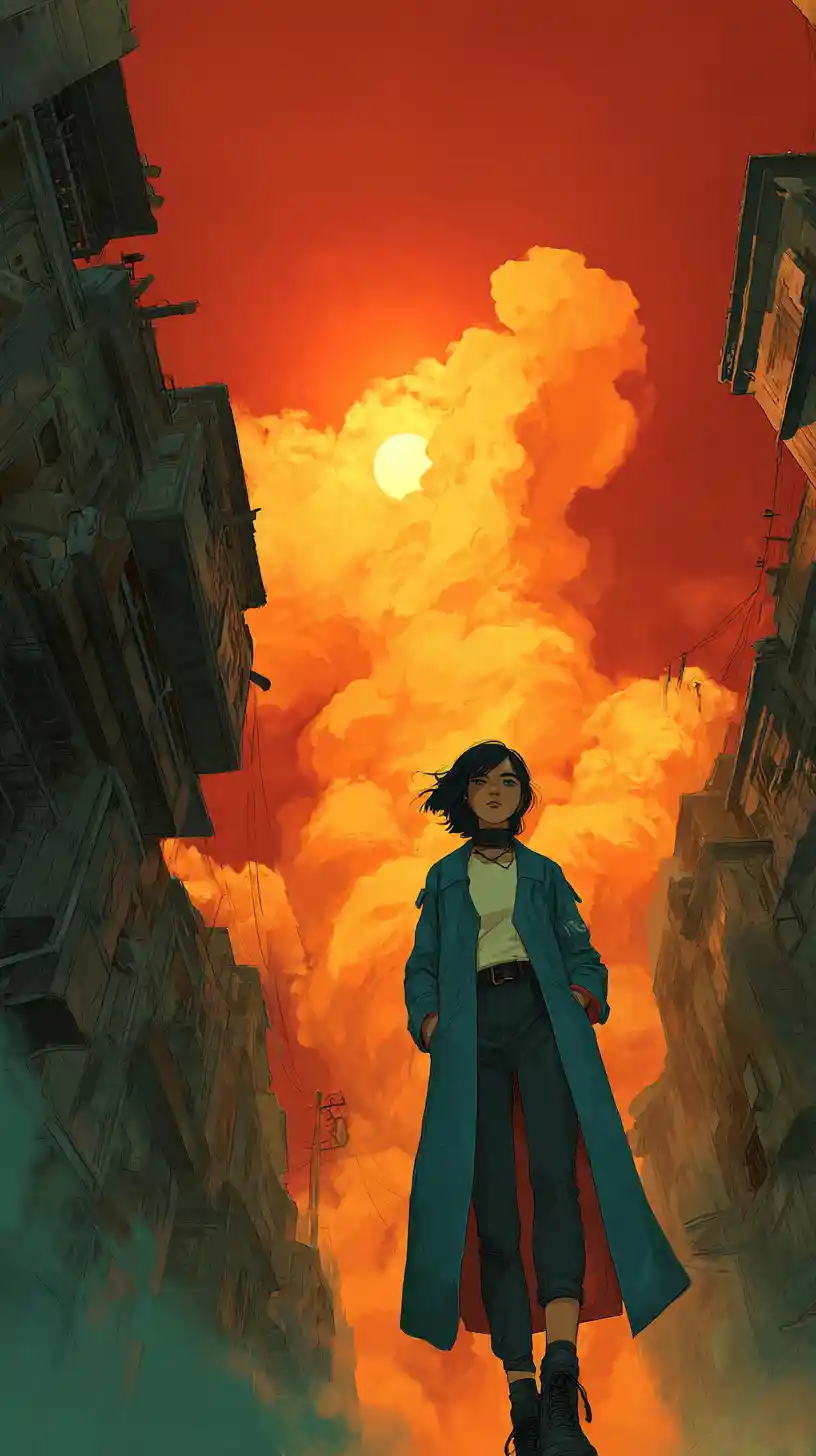 Anime woman walking in a decayed alley at sunset
