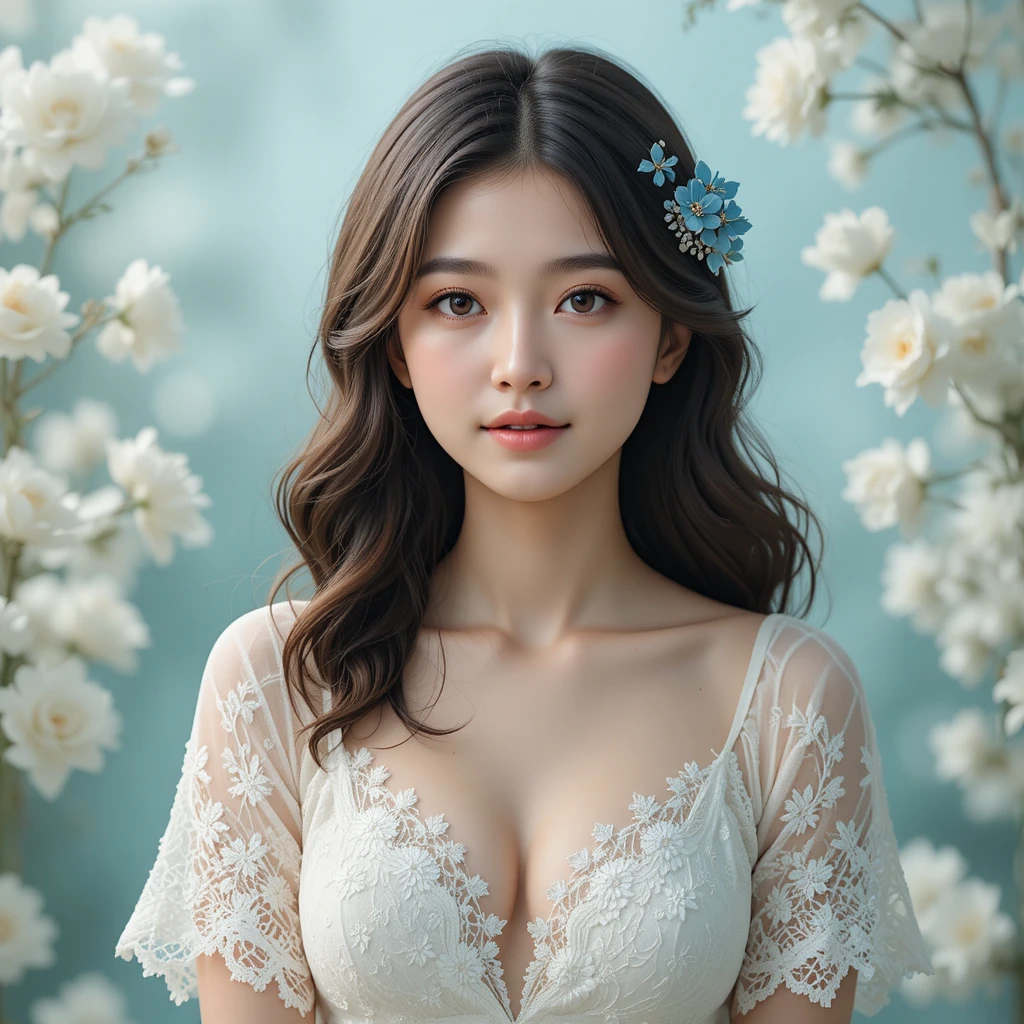 Young asian woman portrait with soft floral background