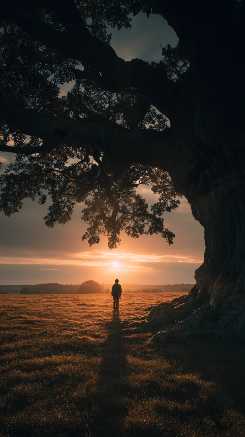 Lone figure beneath ancient tree in golden sunset field