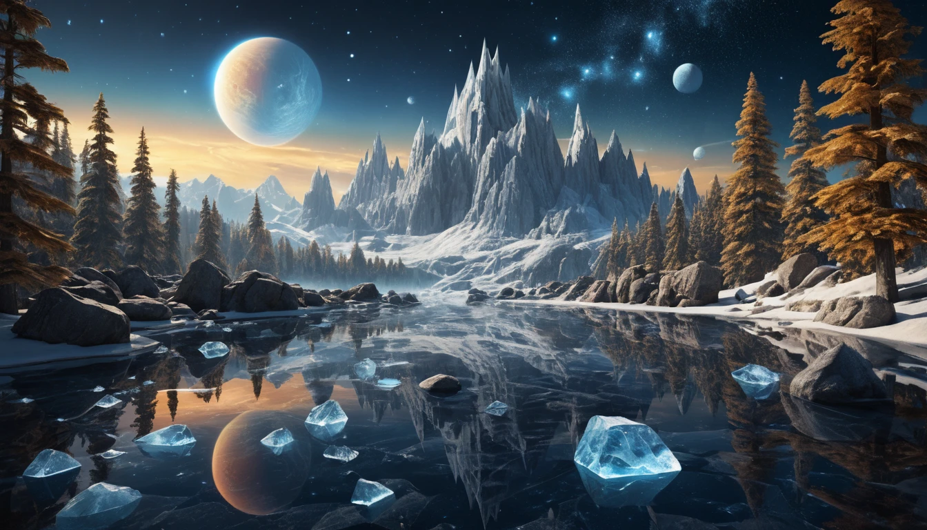 Bougie avec paysage cosmique reflété dans la glace et la pierre