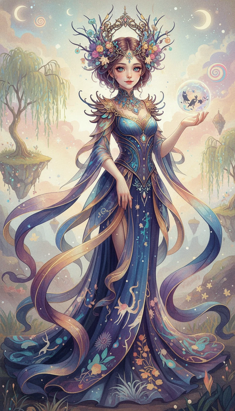 Mystical young woman in a dreamy fantasy full body portrait