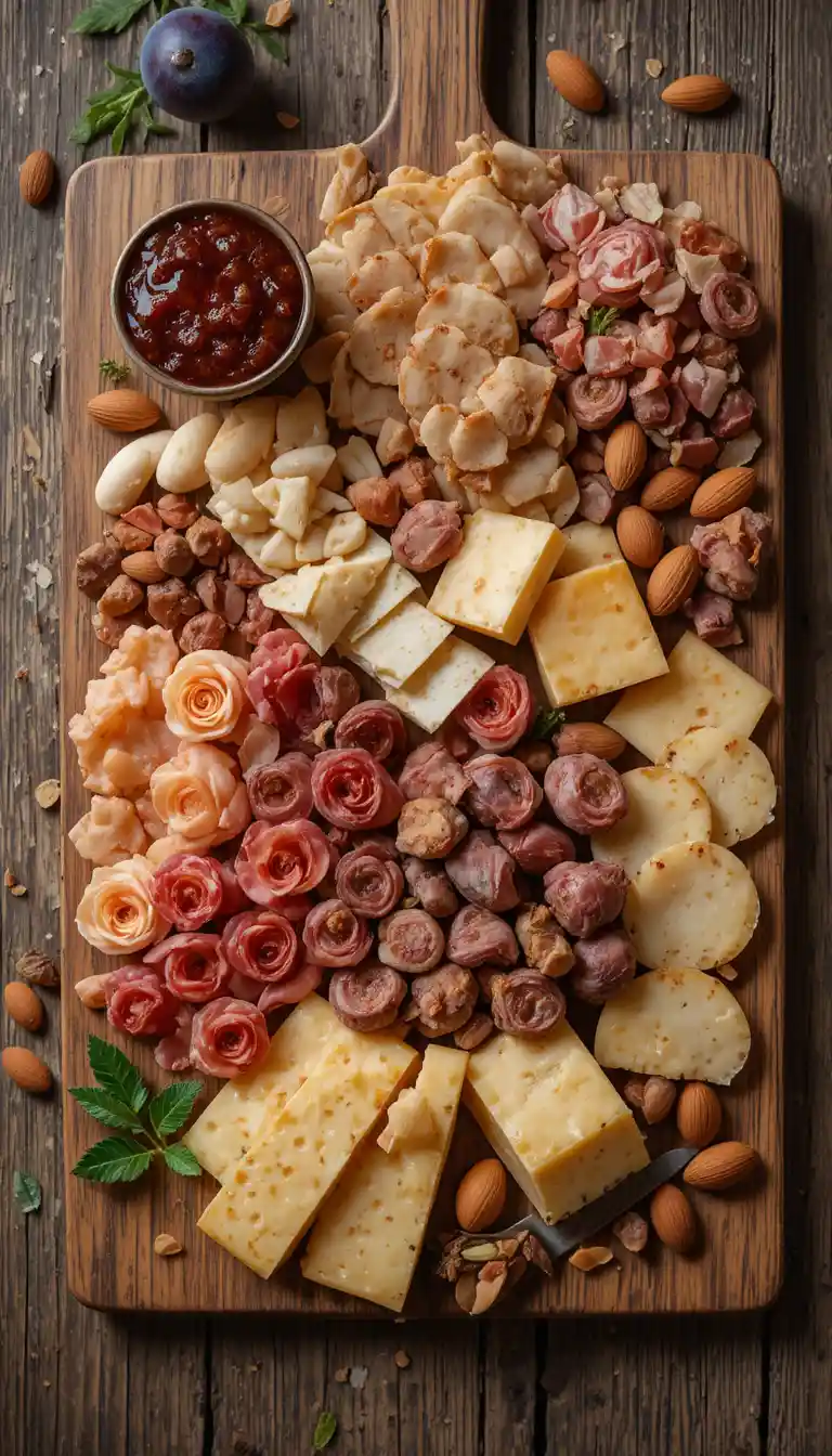 Plateau de charcuterie avec fromages, confiture et prosciutto sur bois