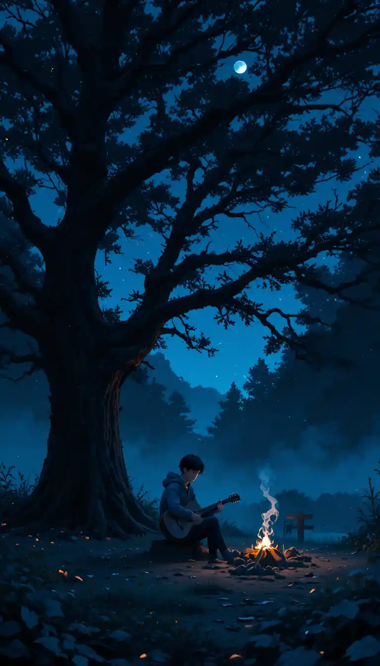 Anime boy with guitar under a moonlit forest tree